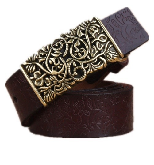 Cinturón de piel para mujer con hebilla decorativa J2854 marrón oscuro 110 cm