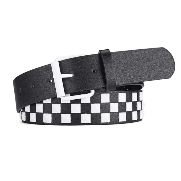 Cinturón de piel sintética negra 107 x 3,8 cm Remaches de colores con diseño de tablero de ajedrez Elegante cinturón unisex rockero con hebilla de metal Ideal para jeans blanco