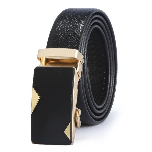 Cinturón de piel sintética negra para hombre con hebilla automática Cinturón elegante para traje o ropa informal Longitud ajustable Diseño moderno dorado 120 cm