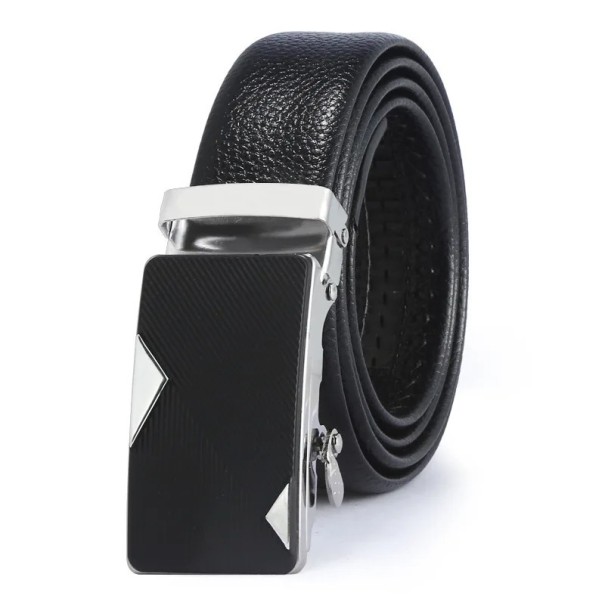 Cinturón de piel sintética negra para hombre con hebilla automática Cinturón elegante para traje o ropa informal Longitud ajustable Diseño moderno plateado 120 cm