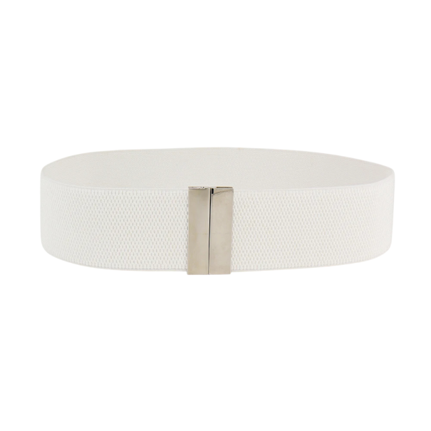 Cinturón elástico de mujer 65 x 5 cm Cinturón ancho de moda con hebilla de metal plateado Accesorio elegante para vestidos y túnicas blanco