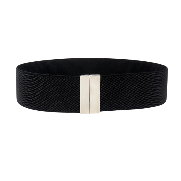 Cinturón elástico de mujer 65 x 5 cm Cinturón ancho de moda con hebilla de metal plateado Accesorio elegante para vestidos y túnicas negro