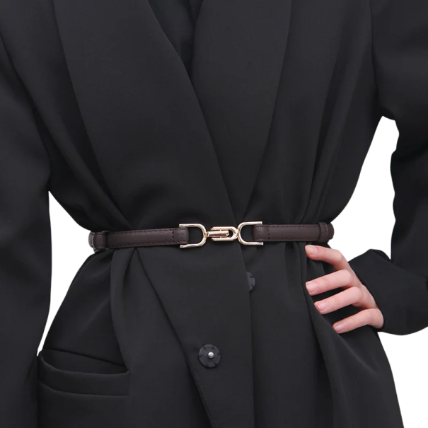 Cinturón estrecho de mujer 95 x 1,5 cm Elegante accesorio de moda Piel sintética Hebilla dorada Cinturón elegante para vestidos Pantalones Faldas Abrigos marrón oscuro