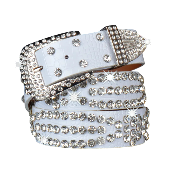 Cinturón punk para mujer 110 x 3,3 cm Piel sintética Tachuelas y brillantes Cristales Cinturón elegante Accesorio rockero para pantalones, vestidos y faldas blanco