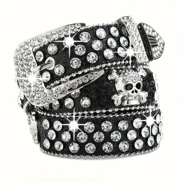 Cinturón rockero para mujer con calavera y gemas de piel sintética de 110 cm. Elegante cinturón con calavera de metal y piedras brillantes. Accesorio de moda estilo punk gótico. negro