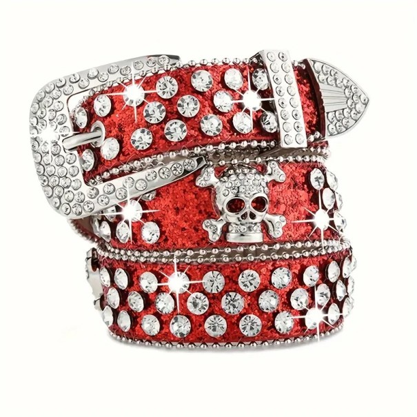 Cinturón rockero para mujer con calavera y gemas de piel sintética de 110 cm. Elegante cinturón con calavera de metal y piedras brillantes. Accesorio de moda estilo punk gótico. rojo