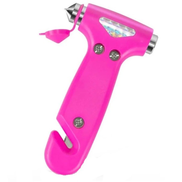 Ciocan de urgență multifuncțional 2 în 1 dimensiuni compacte 8 × 13,2 × 3 cm plastic metal instrument de evacuare din mașină spargător roz