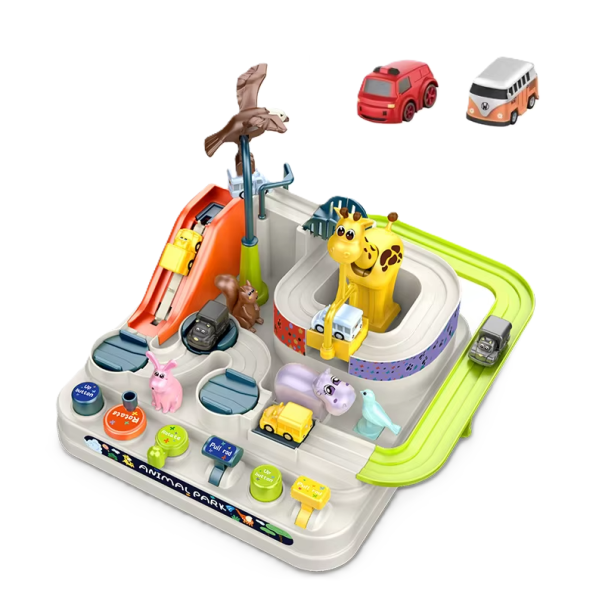 Circuit de course 22 x 22 x 16 cm Piste mécanique interactive pour petites voitures Jouet d’aventure pour enfants comprenant 2 mini voitures aléatoires 1