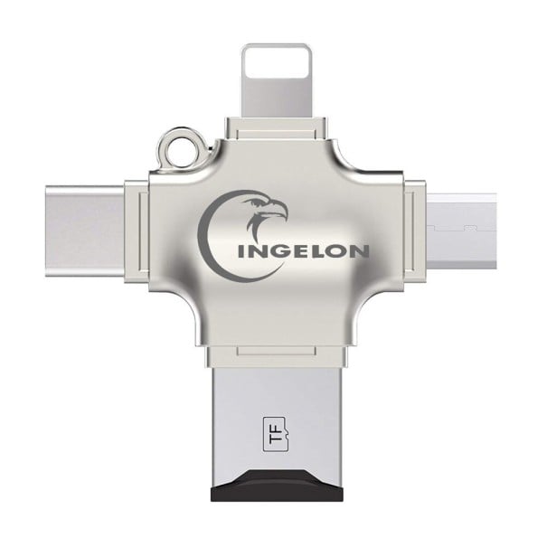 Čítačka kariet Micro SD 4 v 1 pre telefón a počítač Konektory Lightning USB-C Micro USB a USB 3.0 Podpora SDHC a SDXC Strieborné kovové telo 1