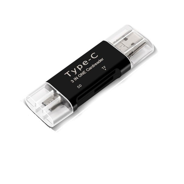 Cititor de carduri de memorie 3 în 1 pentru telefon și computer Conectori USB-C Micro USB și USB-A Pentru carduri SD și Micro SD Dimensiuni 70 x 22 mm 1