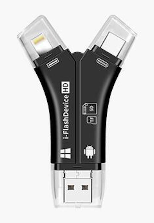 Cititor de carduri de memorie SD și Micro SD 4 în 1 pentru telefon și computer Conectori Lightning USB-C Micro USB și USB 3.0 Plastic ABS 8,1 x negru