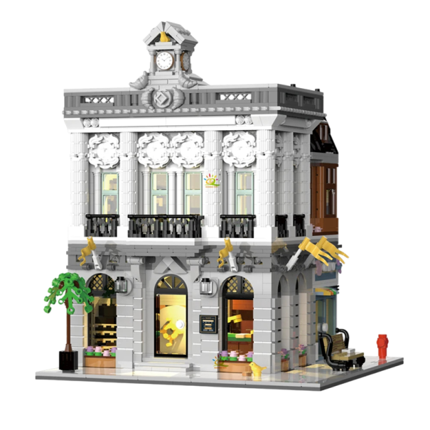 City Bank -rakennussarja 2080-osainen Yksityiskohtainen taustavalaistu kerroksinen talo 19,2 x 23,5 cm Rakennussarja LED-valoketjulla Realistinen malli 1