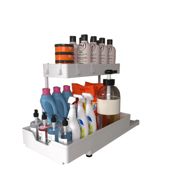 Cleaning Product Organiser with Hooks Pull-Out Organiser Sliding Organiser Under Sink Multi-Purpose Organiser Spice Organiser 38 x 32 x 22 cm white