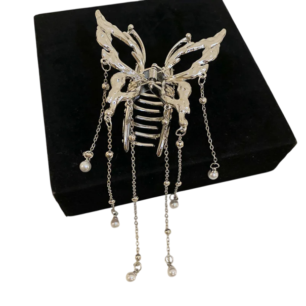 Clip para el cabello de mujer 6,9 cm Mariposa Sostenedor metálico elegante con cadenas decorativas y perlas Accesorio para el cabello de aleación 1