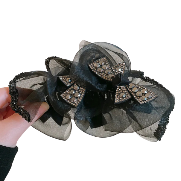 Clip para el cabello de mujer Lazo elegante con piedras brillantes Clip de tela transparente Accesorio de cabello de lujo para peinados festivos y cotidianos 1