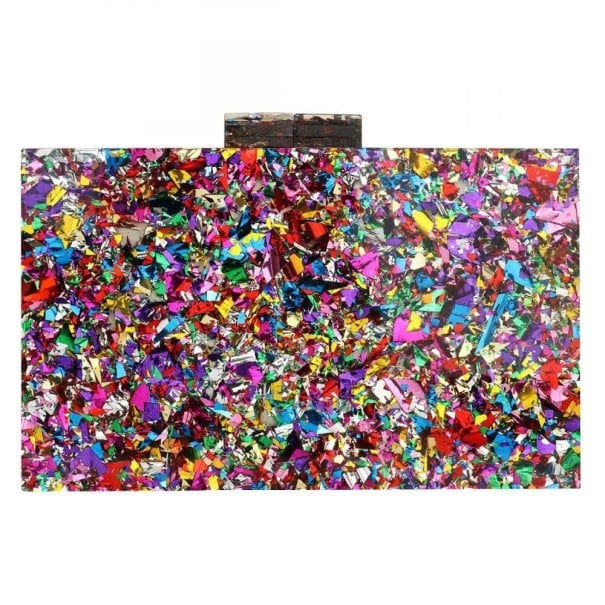 Clutch feminina 18 x 12 x 5 cm Bolsa rígida em forma de caixa com brilhos Cadeia metálica para o ombro Para eventos e festas arco-íris