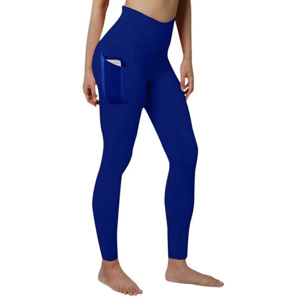 Colanți sport compresivi pentru femei cu talie înaltă și buzunar elastic, pentru yoga și exerciții, modelatori albastru L
