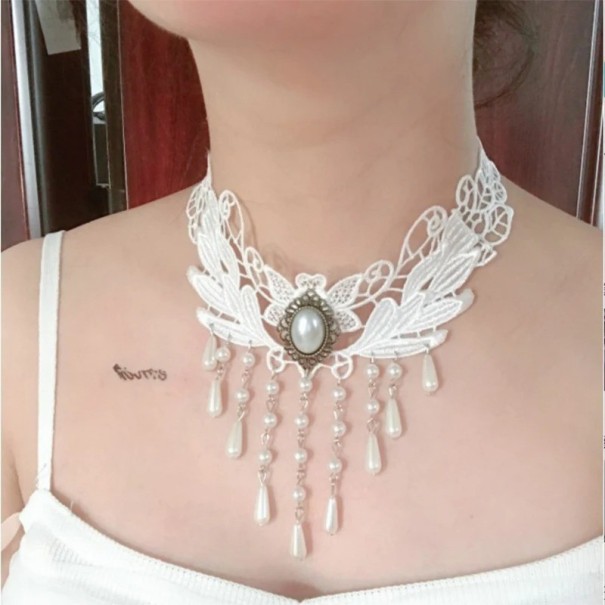 Colar choker de renda para senhora com pendente e adornos de pérolas pendentes com fecho renda branca joia para o pescoço para uso festivo 1