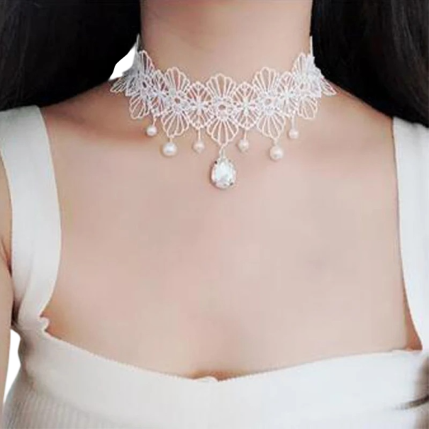 Colar choker de renda para senhora com pendente e adornos pendentes com fecho renda branca elegante joia para o pescoço para uso social 1