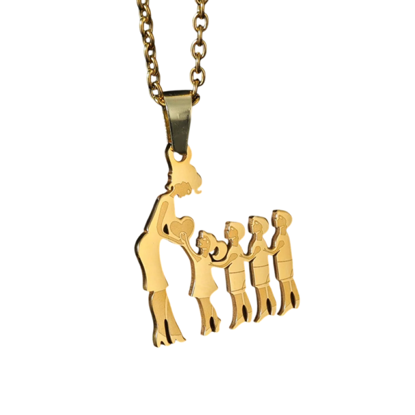 Colar com pendente Mamãe com filha e três filhos Joia familiar elegante Presente para mamãe Símbolo de amor e família dourado