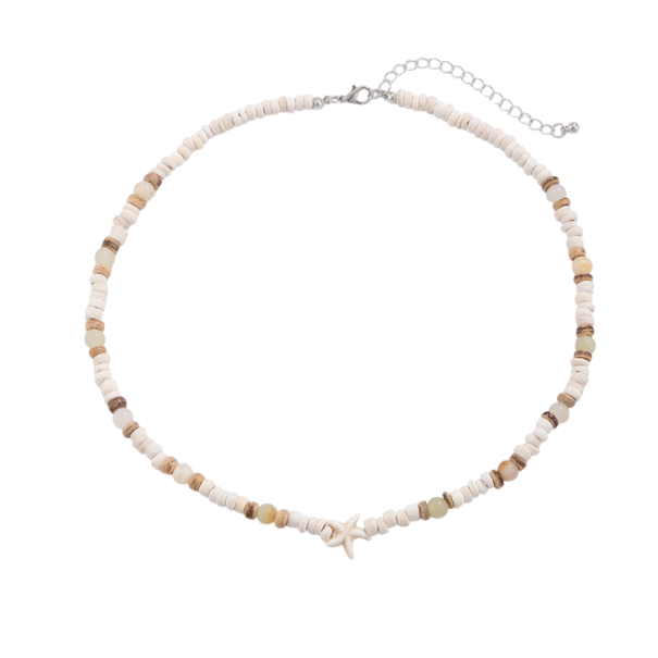Colar feminino com contas de madeira e pendente em forma de estrela-do-mar, comprimento 47,5+8 cm, material natural, cor bege, joia delicada 1