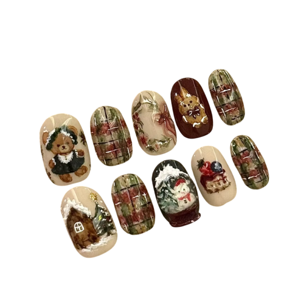 Colección de uñas navideñas en forma de almendra 25,6–18,3 mm 12 tamaños 24 uñas postizas brillantes con motivos festivos y pegamento 1