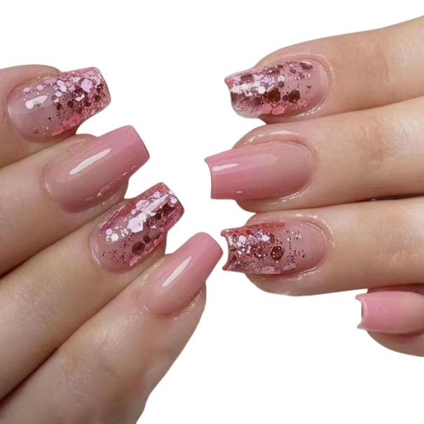 Colección dulce de uñas artificiales 24 pcs Forma coffin mediana Efecto acrílico ombré brillante Consejos adhesivos de colores para una manicura 1