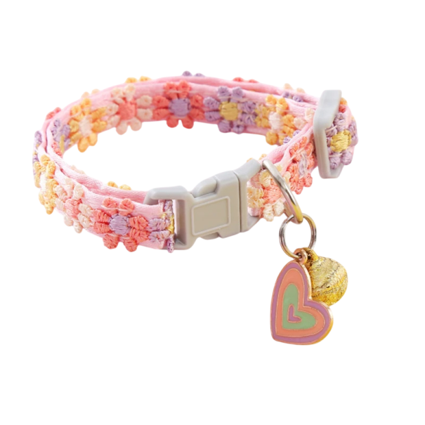 Coleira ajustável para gatos e cães pequenos 33 cm Coleira floral colorida com sino Fivela de segurança Pendente decorativo rosa
