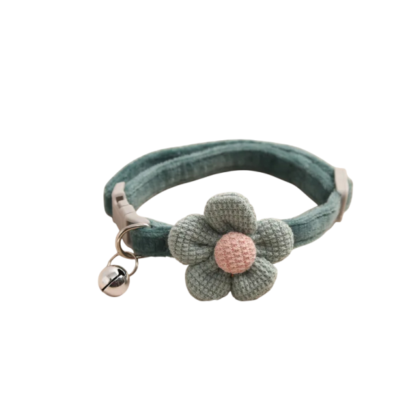 Coleira decorativa para gatos e cães pequenos com flor e sininho Coleira têxtil ajustável Uso de outono e inverno verde