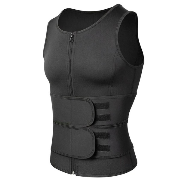 Colete de Fitness Masculino Preto Modelador com Fecho de Zip Veste Sauna Compressiva com 2 Fechos de Velcro Colete de Exercício para Queima M