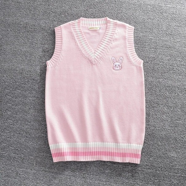 Colete de malha feminino com decote em V e coelho bordado Colete rosa sem mangas com riscas brancas e bainha canelada Algodão XL