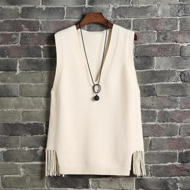 Colete de malha feminino com franjas creme
