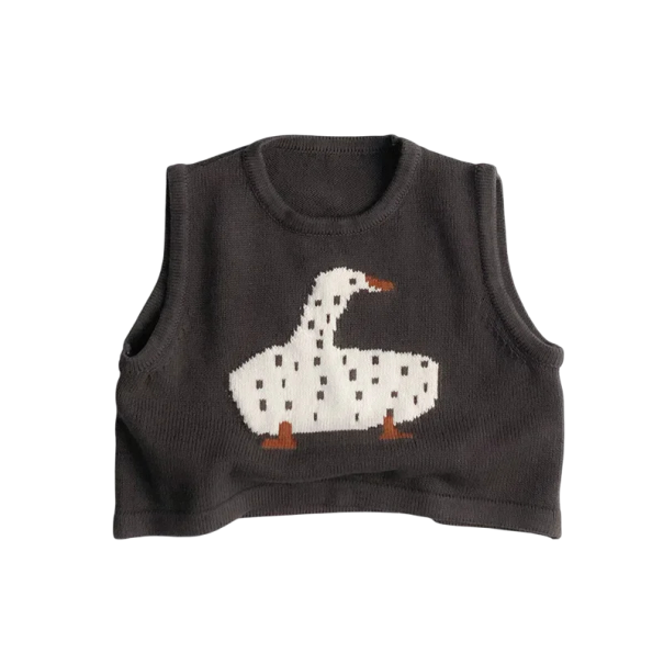 Colete de malha infantil Sweater de algodão sem mangas Cinza escuro com ganso desenhado Colete adorável de primavera e outono para meninos 2