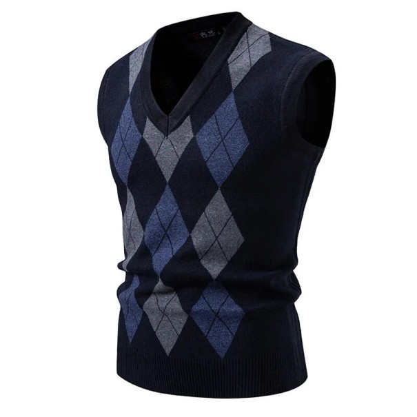 Colete de malha masculino com decote em V e padrão geométrico em poliéster e nylon sem mangas para uso diário, sobre uma camisa azul escuro L