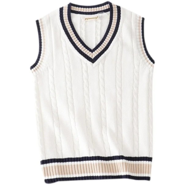 Colete de malha masculino sem mangas com decote em V com acabamento colorido e riscas Elegante colete de malha Poliéster e Algodão Várias branco XXS