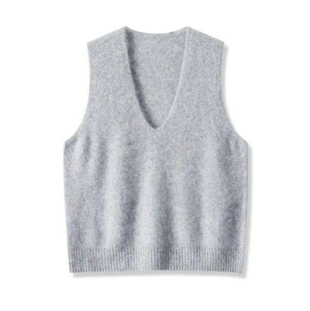 Colete feminino de malha com decote em V sem mangas tamanho universal em caxemira lã azul malha fina para uso diário cinzento