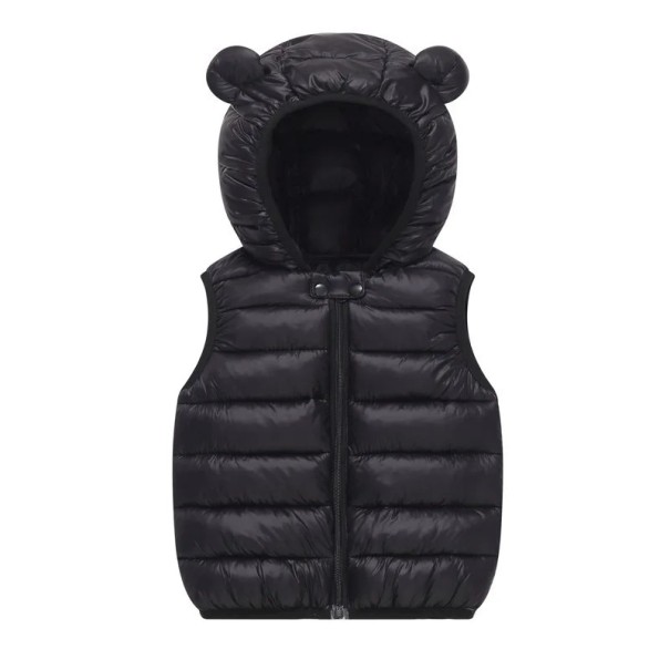 Colete infantil acolchoado com capuz e orelhas Casaco de algodão quente para outono e inverno para bebés e meninas Colete de poliéster e algodão com fecho de correr preto 5