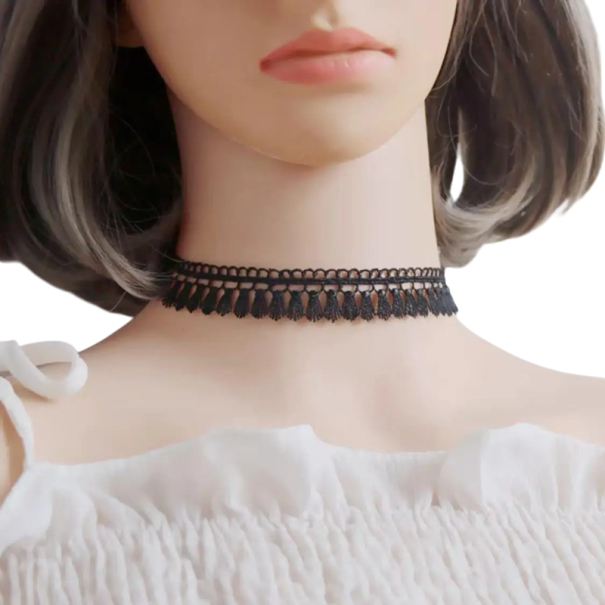 Colier choker din dantelă pentru femei cu ciucuri, colier cu închidere din oțel inoxidabil și aliaj de zinc, accesoriu negru expresiv pentru gât 1