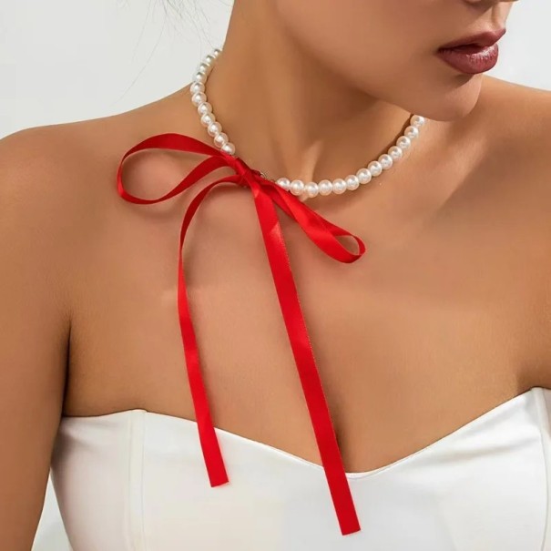 Colier choker elegant pentru femei, 38 cm, cu fundiță colorată, legare cu fundiță roșu