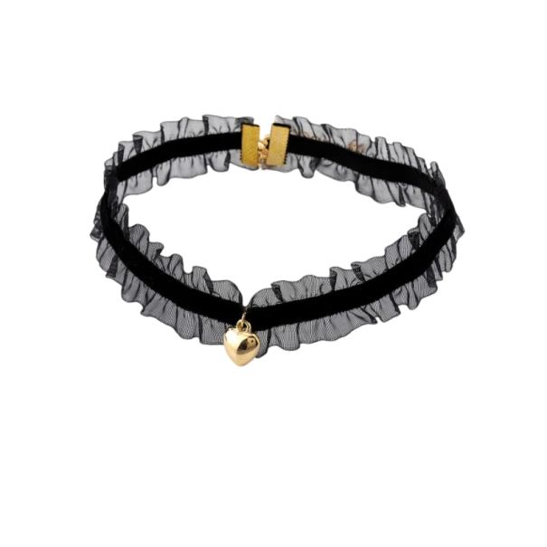 Colier choker pentru femei cu dantelă și pandantiv în formă de inimă cu închidere, accesoriu din catifea pentru purtare zilnică și evenimente sociale negru