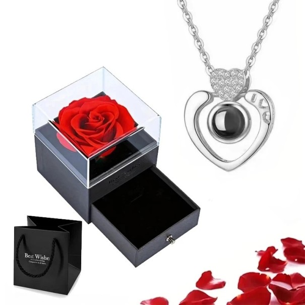 Colier cu inimă de proiecție Te iubesc în 100 de limbi Lant de titan Cutie cadou cu pandantiv din cupru cu trandafir Cadou romantic argint