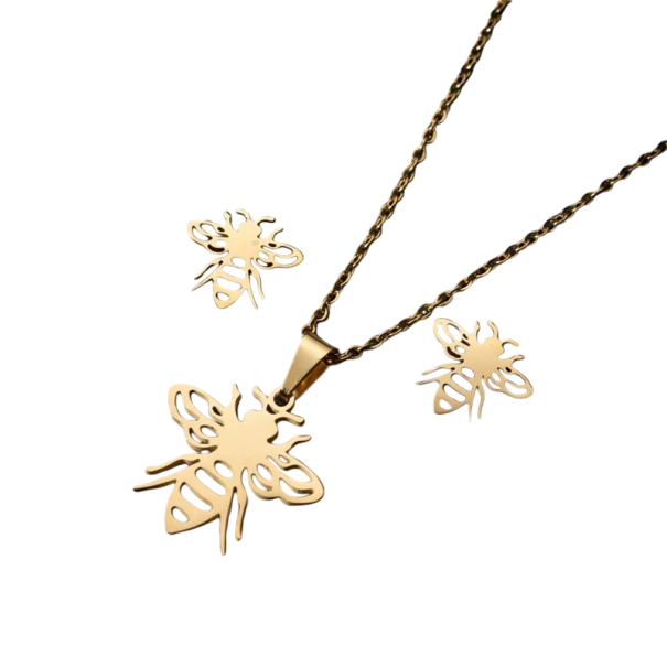 Collana a forma di ape 45 cm e orecchini Set di gioielli in acciaio inox per donne e ragazze Regalo estivo da spiaggia per matrimoni Accessorio di moda oro