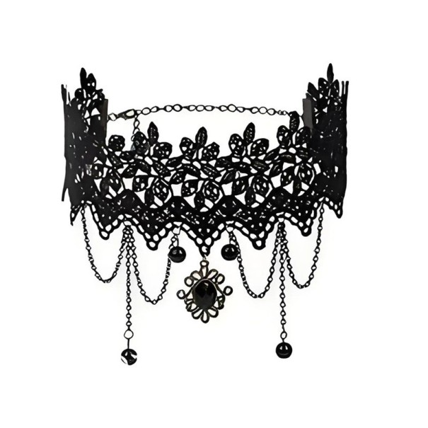 Collana choker in pizzo nero con pendente e catene pendenti con chiusura 32 + 5 cm 1