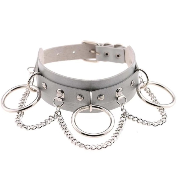 Collana da donna in pelle con anelli e catena grigio