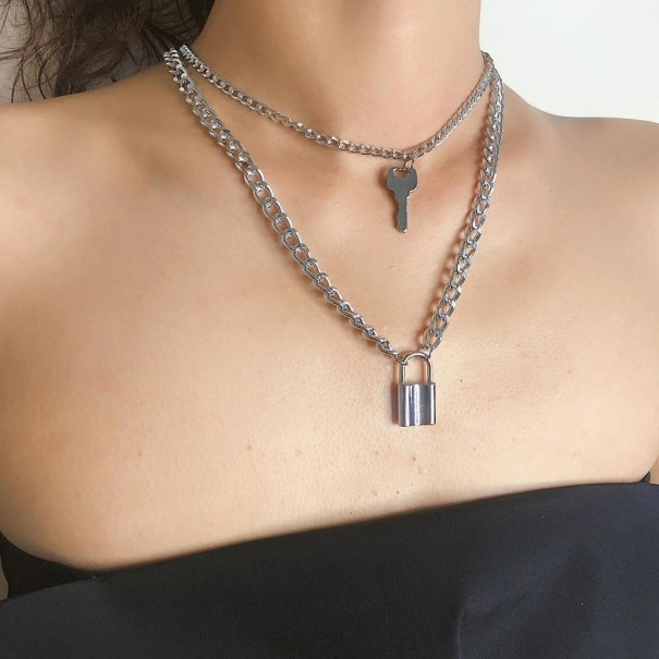 Collana da donna massiccia con chiave e lucchetto argento