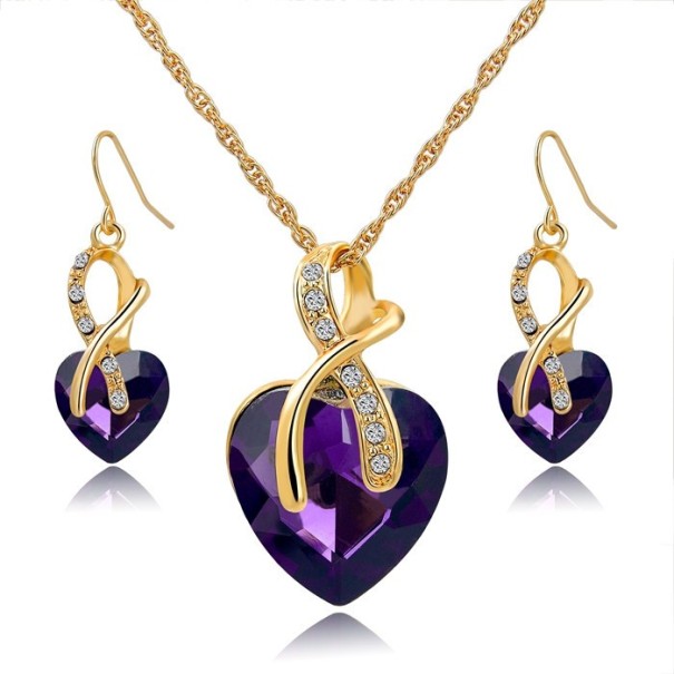 Collana e orecchini a forma di cuore J721 viola