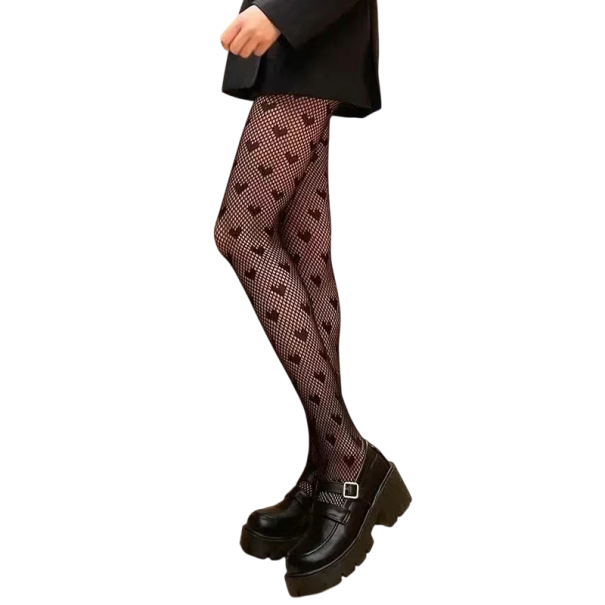 Collant neri trasparenti da donna con piccoli cuori Pantaloni a rete eleganti Rete sexy Motivo romantico delicato 1