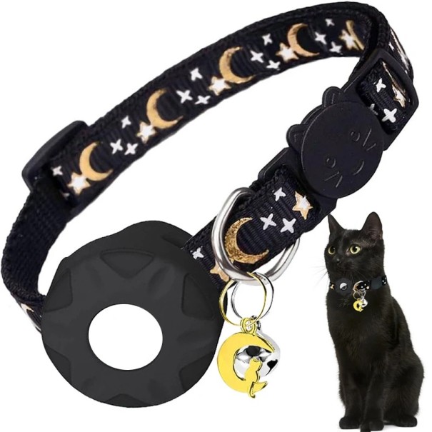 Collar con soporte para AirTag para gatos y perros pequeños Collar ajustable y cómodo con estampado de luna y estrellas Variantes de color Material resistente negro Collar con soporte para AirTag para gatos y perros pequeños Collar ajustable y cómodo con estampado de luna y estrellas Variantes de color Material resistente negro