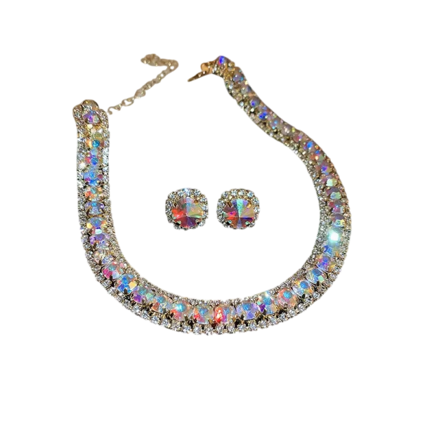 Collar de cristal de 42 cm y pendientes de 1.4 cm Conjunto de joyas de lujo para mujeres Accesorios para bodas y fiestas Aleación multicolor