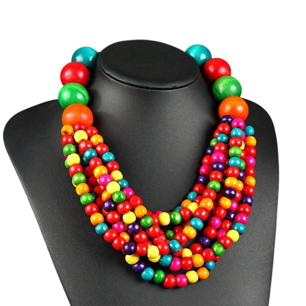Collar de cuentas de madera de varias capas de 46+7 cm con cuentas de colores, collar llamativo para uso diario y social 1